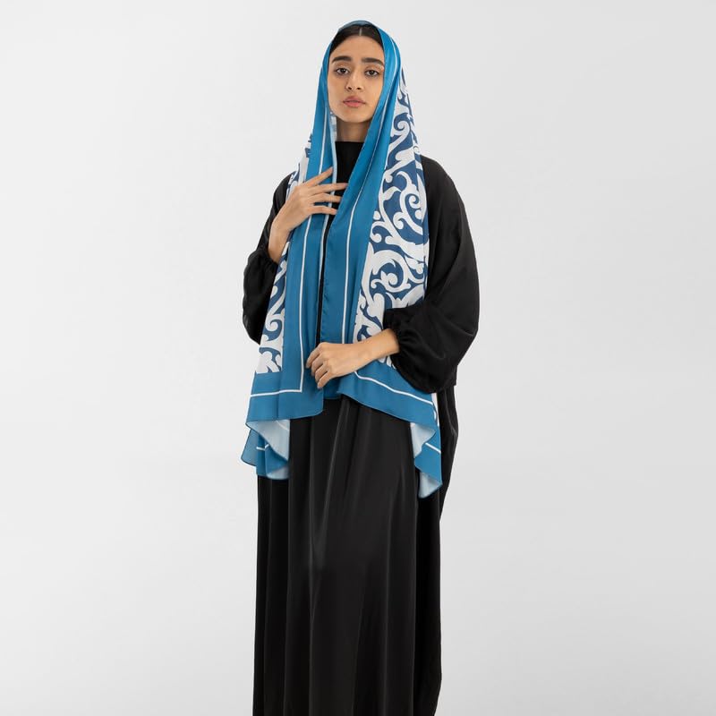 Isdal Al-Hedaya Women's Prayer Dress, a One-Piece Garment in Blue & Black made from Smooth Satin Fabric for Complete Coverage, One Size Fits All, an Elegant and Comfortable Khimar for Salah