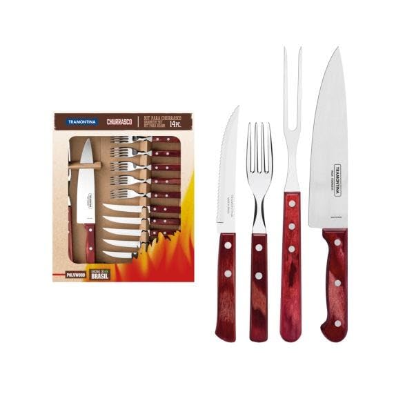 14-Piece Fork and Knife Set with Durable Polywood Red Handles – Premium Stainless Steel Cutlery Set for Dining and Everyday Use, Ultra Sharp, High Anti-Rust, Non-stick Blades - De