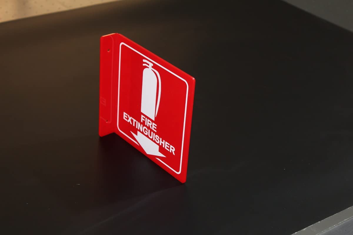 Projecting Fire Extinguisher Sign, 15 x 15 cm Polished Acrylic Wall Sign with Down Arrow, Double-Sided Safety Display for Emergency Visibility in Buildings, Offices or Warehouses - Red