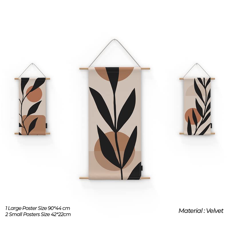 Black Leaf 3-Piece Fabric Poster Set, a Wall Art Decor Kit with 1 Large (90x44 cm) and 2 Small (42x22 cm) Panels, a Monochromatic Botanical Design for Living Room or Bedroom Decor