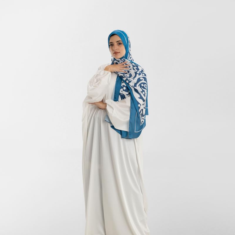 Isdal Al-Hedaya Women's Prayer Dress, a One-Piece Garment in Blue & White made from Soft Satin Fabric for Full Coverage, One Size Fits All, a Comfortable Abaya Khimar for Daily Salah