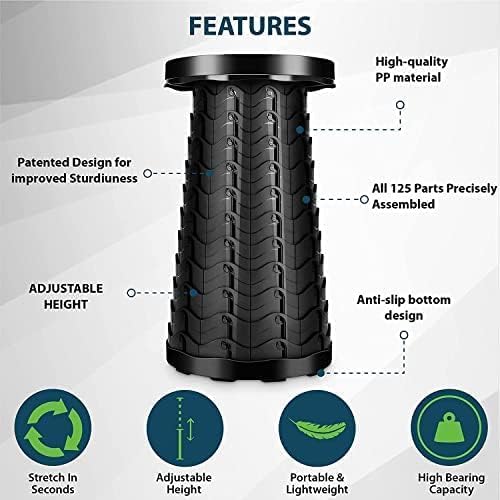 DE LUJO D-LOGO Portable Folding Retractable Plastic Travel Stool with Exquisite Design and Shrinkable for Camping, Fishing, Gardening - Black