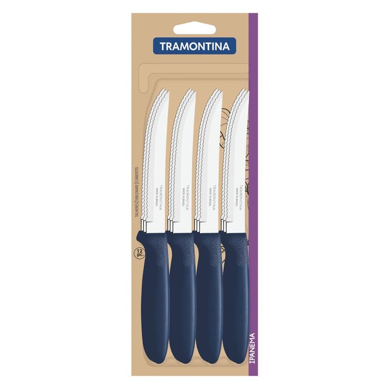 Ipanema 12-Piece Stainless Steel Steak Knife Set, Sharp Serrated Blades, Durable Blue Polypropylene Handles, Rust-Resistant, Perfect for Home and Outdoor Dining