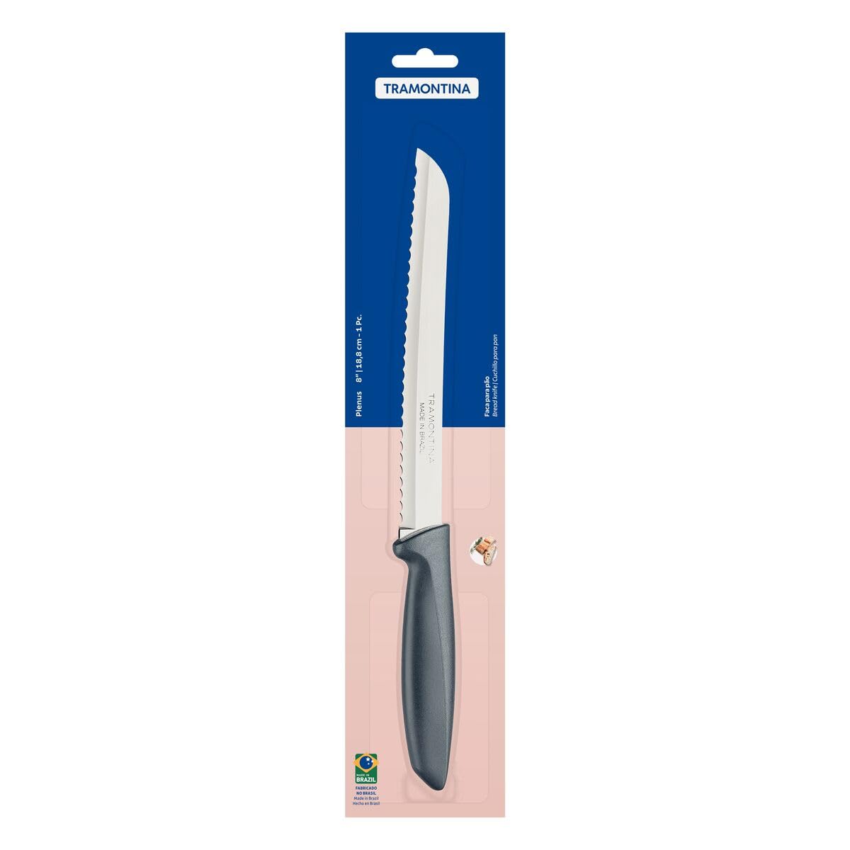 Plenus Bread Knife, 8-Inch Stainless Steel Blade, Gray Polypropylene Handle, Sharp and Durable, Perfect for Slicing Bread, Baguettes, and Pastries