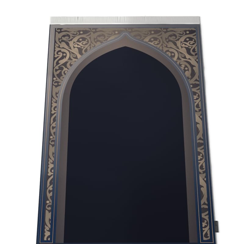 Al-Hedaya Velvet Prayer Mat, a Luxurious Islamic Rug in Blue & Beige from Soft Velvet Material, 68x117 cm, for Comfortable Prayer, Ideal for Home, Mosque, or as a Travel Janamaz