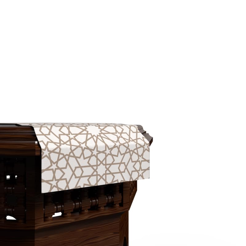 مفرش طاولة نوفا مخملي باللونين الأبيض والبيج، قطعة مركزية مزخرفة بمقاس 35×140 سم بنمط إسلامي مستوحى من السماء، مثالي لديكور طعام هادئ وروحاني في رمضان أو العيد.