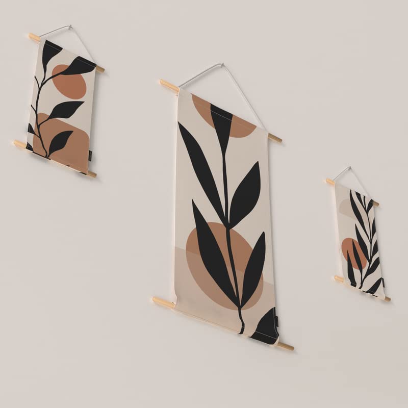 Black Leaf 3-Piece Fabric Poster Set, a Wall Art Decor Kit with 1 Large (90x44 cm) and 2 Small (42x22 cm) Panels, a Monochromatic Botanical Design for Living Room or Bedroom Decor