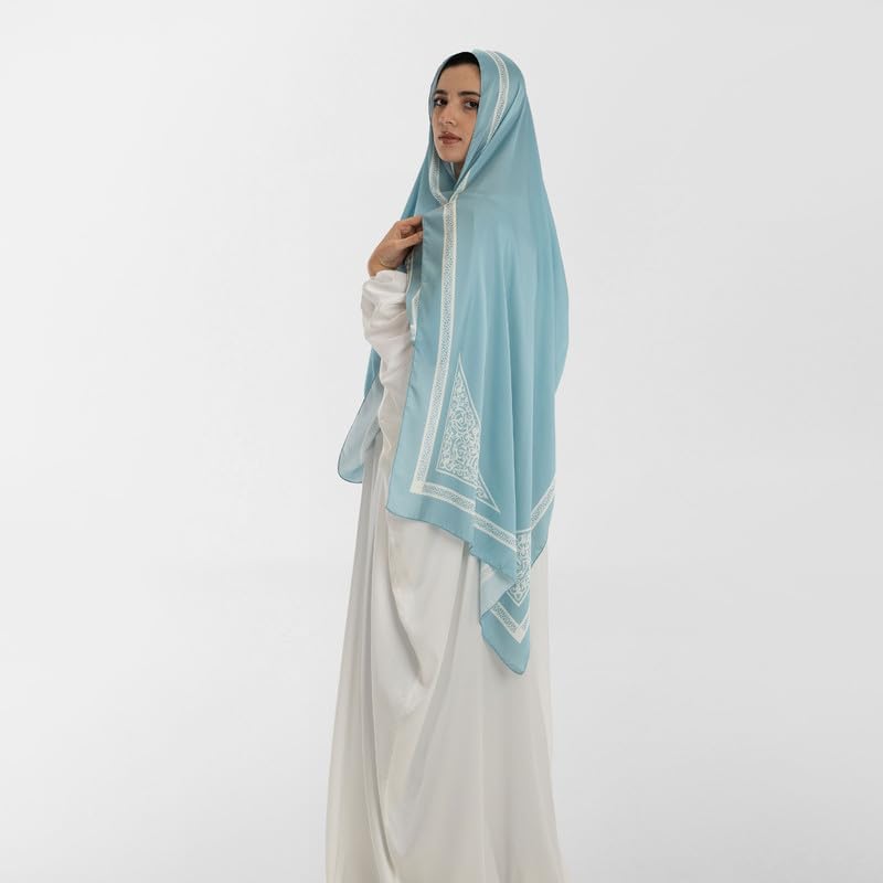 Isdal Al-Qubba Women's Prayer Dress, a One-Piece Garment in Blue & White made from Elegant Satin Fabric for Complete Coverage, One Size Fits All, a Comfortable Khimar for Daily Salah
