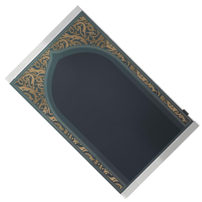 Velvet Prayer Mat in Teal and Gold, 68x117 cm, a luxurious and soft rug with a stunning, opulent design, providing a comfortable and elegant surface for your prayers at home or mosque