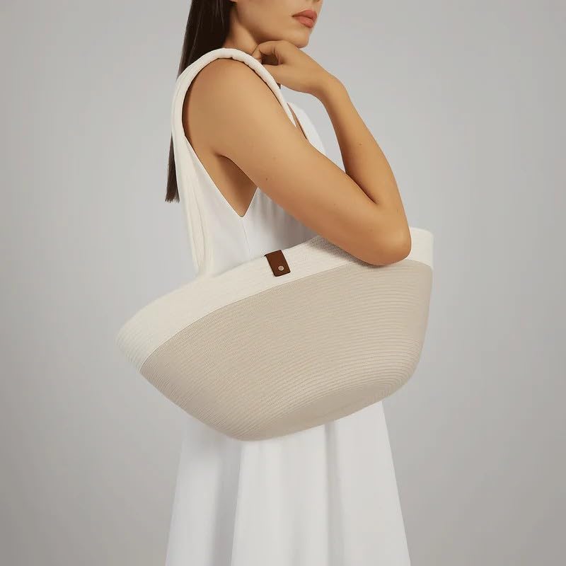 Cotton Rope Bag, 65×32 cm Woven Tote with Soft Handles, Eco-Friendly Textured Shoulder Bag for Beach Market Daily Use, Spacious Handcrafted Carryall for Women