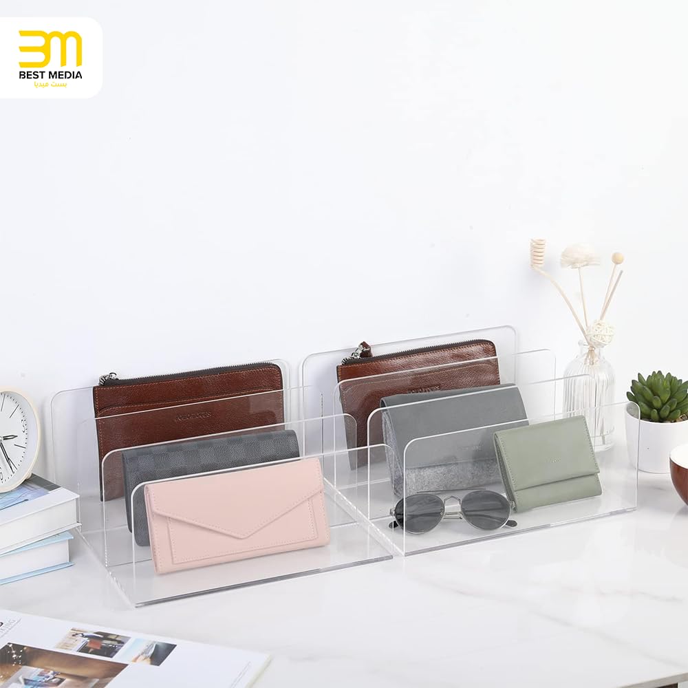 Clear Acrylic Divided Purse and Wallet Organizer, 3 Sections, Handbag Storage, Clutch Holder for Closet Organization or Retail Display, Durable & Elegant Design