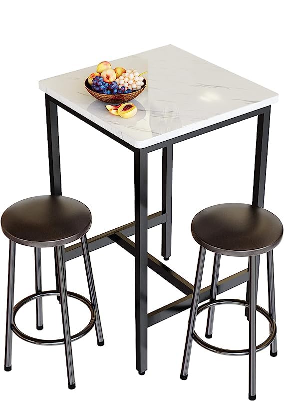 Dining Table Set for 2, Small Marble Bistro/Pub/Dining/Kitchen/Bar Table Set with 2 Stools, Ideal for Breakfast Nook, Kitchen, Dining Room, Bedroom, Small Spaces (White Table + Brown Stools)
