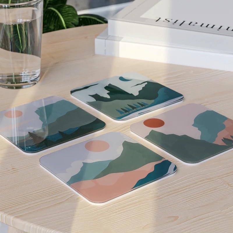 Acrylic Coaster Set of 4, 9×9 cm, Heat and Moisture Resistant Drink Coasters, Mountain Landscape Design, Acrylic for Coffee Tables Desks Dining Decor, Set of Decorative Mats