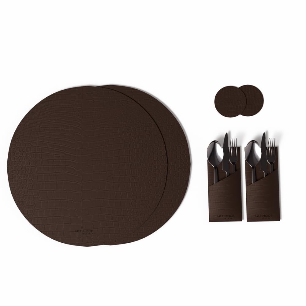 Leather Placemat Set with Coasters And Holders - Faux Leather Dining Table Protection - Heat And Scratch Resistant