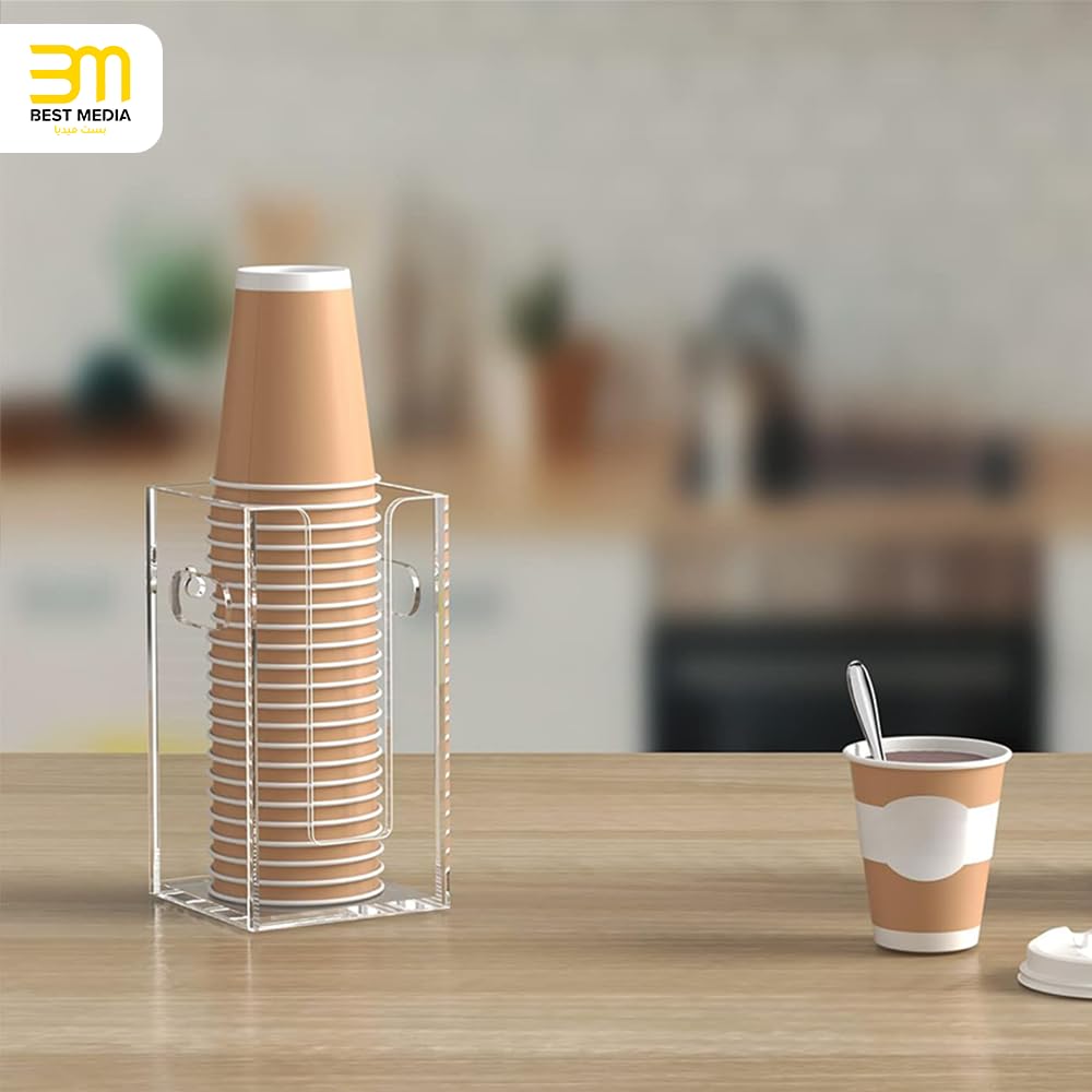 Clear Acrylic Coffee Cup Dispenser with Handles, Compartment Countertop or Wall Mounted Organizer for Hot and Cold Drink Cups and Lids