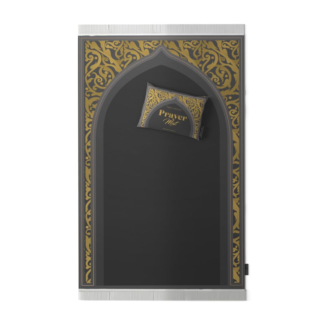 Velvet Prayer Mat in Grey and Gold, 68x117 cm, a luxurious and soft rug with an elegant design, perfect for creating a comfortable and sophisticated prayer space at home or on the go