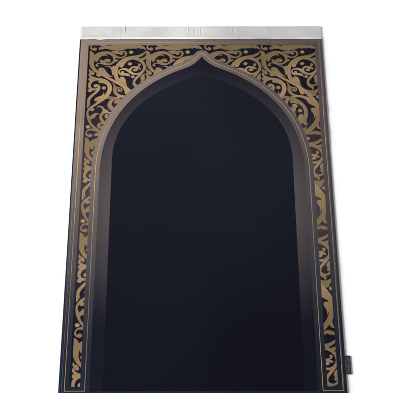 Al-Hedaya Velvet Prayer Mat, a Luxurious Islamic Rug in Blue & Gold from Soft Velvet Material, 68x117 cm, for Comfortable Prayer, an Elegant Salah Mat for Home, Mosque, or as a Gift