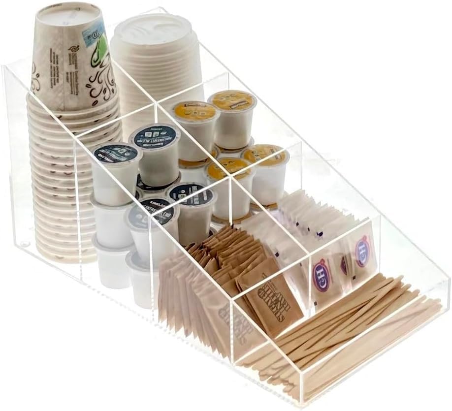 Acrylic Coffee Station Organizer, Clear Breakroom and Kitchen Storage for Cups Lids Sugar Tea Stirrers, 7 Compartments, 37.3 x 20.5 x 19.8 cm, Polished Edges Transparent Design