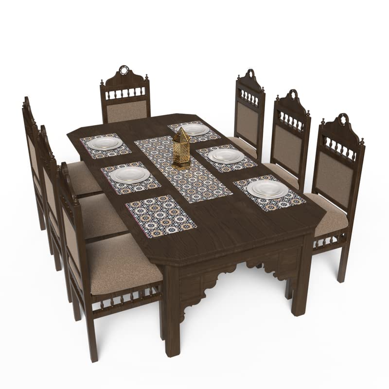 Kai 7-Piece Dining Linens Set, with 6 multicolor canvas placemats (45x30 cm) and 1 table runner (35x140 cm), with a unique artistic Islamic design to elevate your dining experience