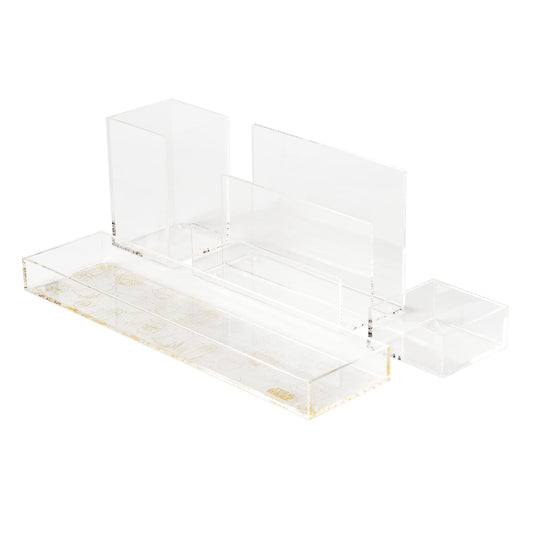 مجموعة منظم مكتب أكريليك متداخلة (4 قطع) مع لمسات ذهبية معدنية، تتضمن كوب أقلام، وفرز رسائل، وصينية ملحقات، منظم أنيق وعصري للمكتب أو الزينة