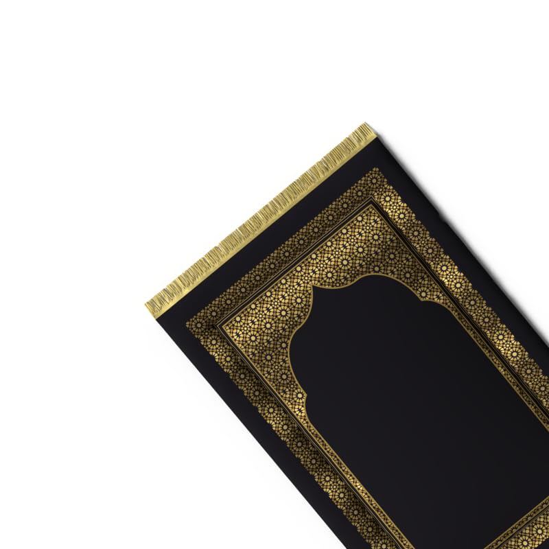 Velvet Prayer Rug Mat in a timeless Gold and Black design, 68x117 cm, a soft and comfortable Islamic rug that provides an ideal surface for your daily prayers and moments of reflection