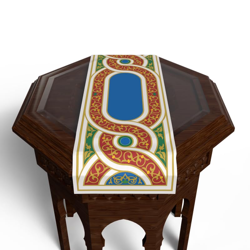 Ramadan's Unique Orient Velvet Runner in White & Beige, 35x140 cm, a Decorative Centerpiece with an Elegant Eastern-Inspired Pattern, perfect for a Sophisticated Ramadan Dining Setting