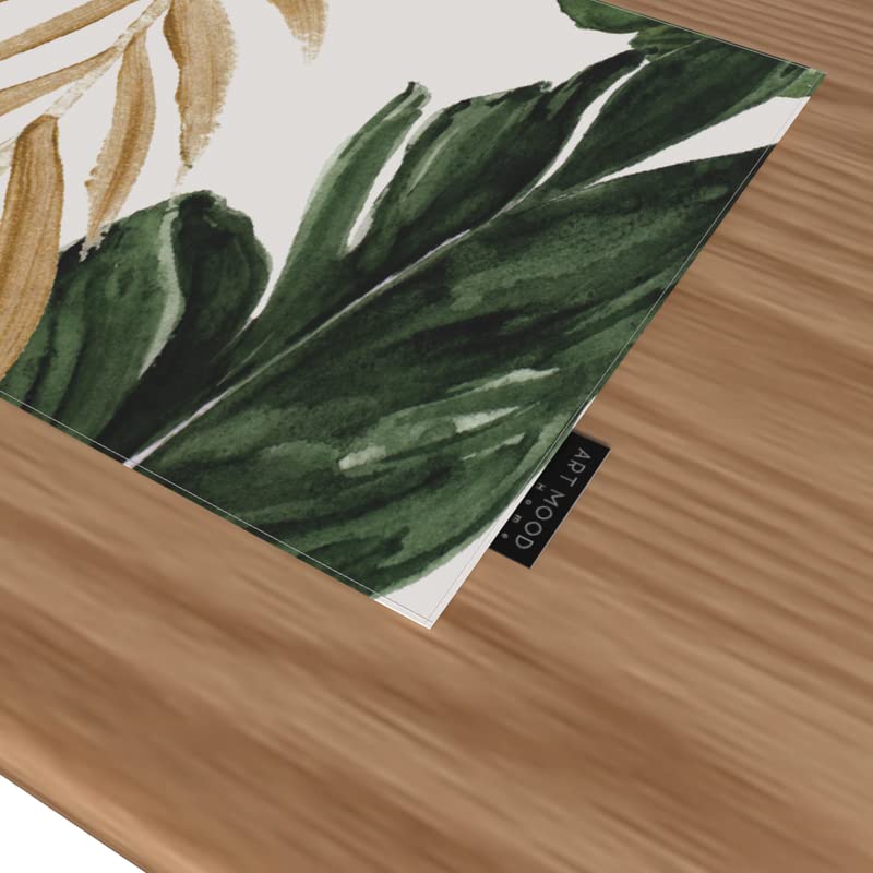 Canvas Richy Leaf Placemats, Set of 6 Durable Table Mats in Green, White & Gold, each 45x30 cm, Washable and Heat-Resistant for Protecting your Dining Table with a Botanical Style