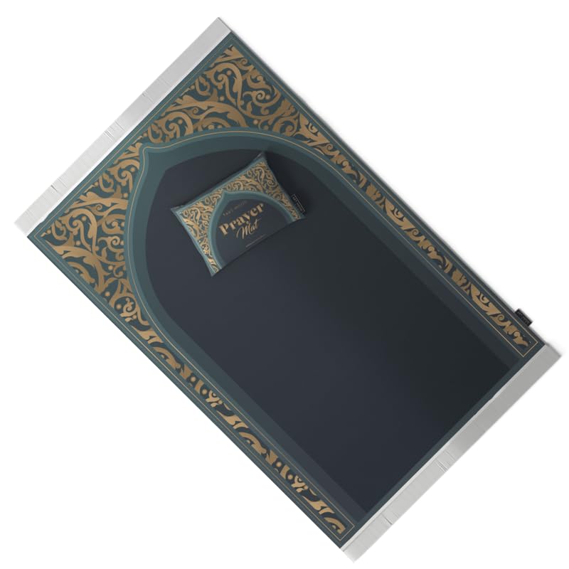 Velvet Prayer Mat in Teal and Gold, 68x117 cm, a luxurious and soft rug with a stunning, opulent design, providing a comfortable and elegant surface for your prayers at home or mosque