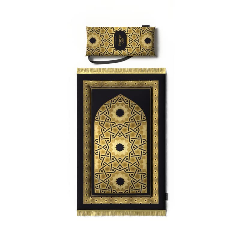 Padded Velvet Prayer Rug for Kids, a soft mat in Gold and Black, 57x95 cm, designed with a classic pattern to provide a comfortable and special place for a child's daily prayers