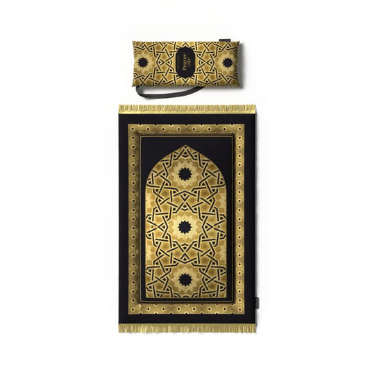 سجادة صلاة مخملية مبطنة للأطفال، سجادة ناعمة باللونين الذهبي والأسود، 57×95 سم، مصممة بنمط كلاسيكي لتوفير مكان مريح ومميز لصلاة الطفل اليومية