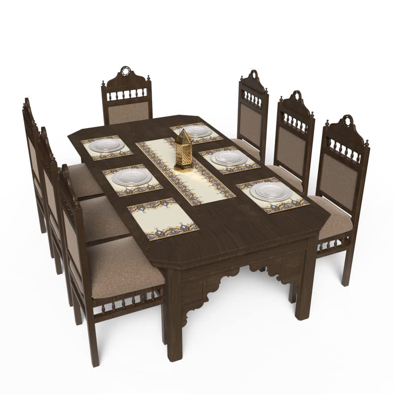 Taj 7-Piece Dining Linens Set, with 6 multicolor canvas placemats (45x30 cm) and 1 table runner (35x140 cm), with a majestic Islamic-inspired design for a regal and festive tablescape
