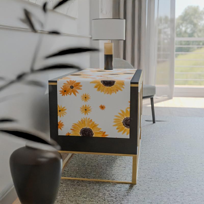 مفرش طاولة مخملي على شكل زهرة عباد الشمس، قطعة مركزية مزخرفة فاخرة باللونين الأبيض والأصفر، 35×140 سم، يجمع بين التصميم المبهج والشعور الفاخر لطاولة الطعام أو البوفيه الخاص بك