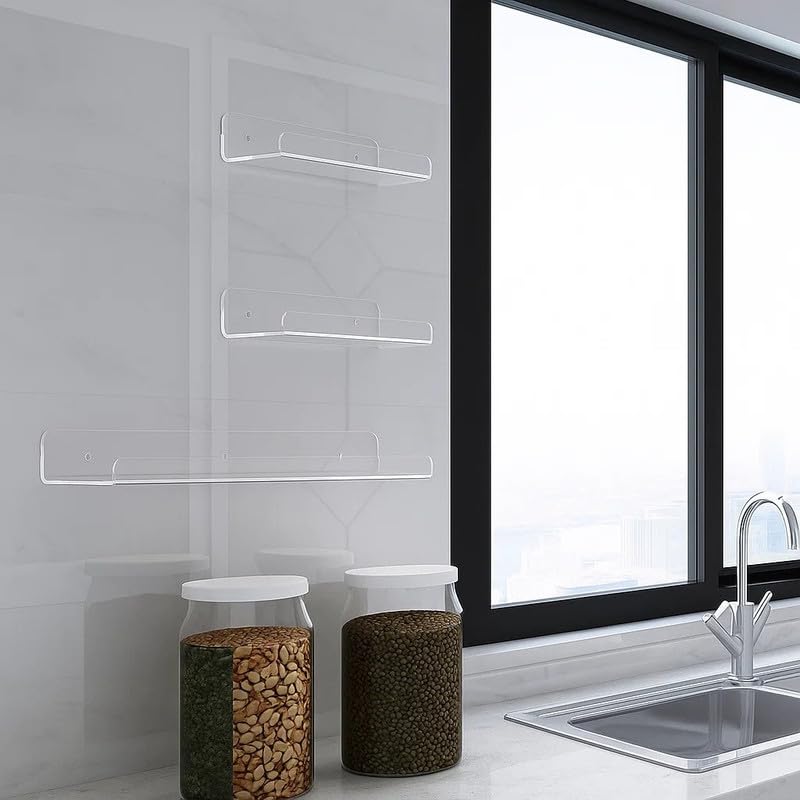 3 Pack Clear Acrylic Floating Shelves for Wall – 39 cm Modern Wall-Mounted Ledge for Books, Photos, and Spices, Invisible Display and Storage Rack for Home and Office