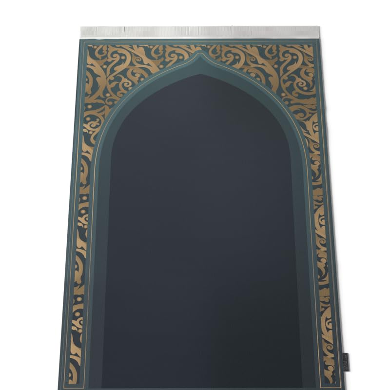 Velvet Prayer Mat in Teal and Gold, 68x117 cm, a luxurious and soft rug with a stunning, opulent design, providing a comfortable and elegant surface for your prayers at home or mosque