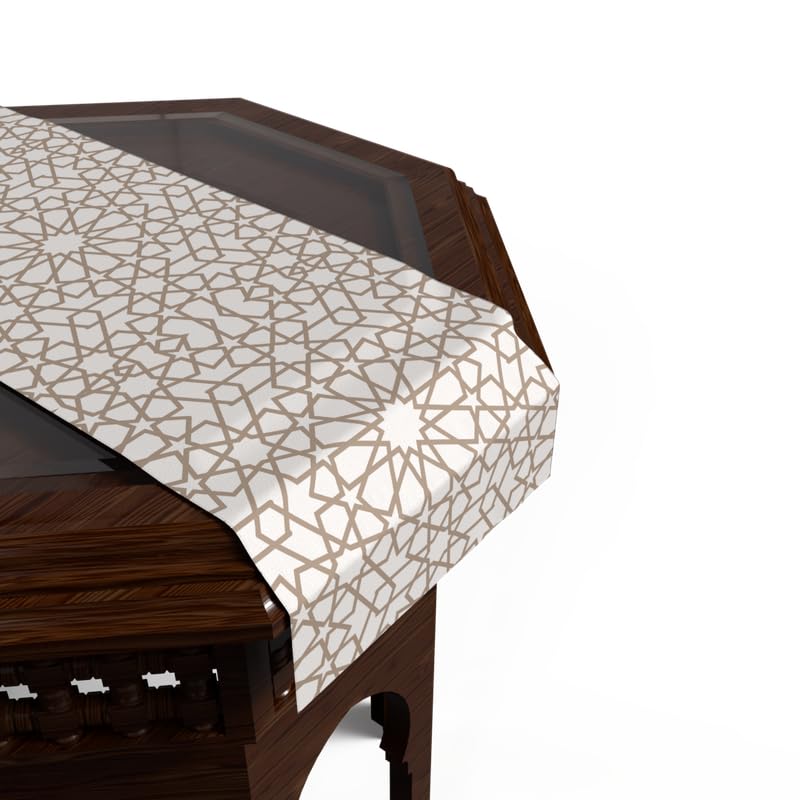 مفرش طاولة نوفا مخملي باللونين الأبيض والبيج، قطعة مركزية مزخرفة بمقاس 35×140 سم بنمط إسلامي مستوحى من السماء، مثالي لديكور طعام هادئ وروحاني في رمضان أو العيد.