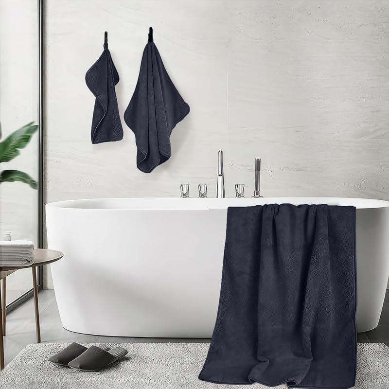 4-Piece Towel Set, 100% Cotton ? Includes 1 Bath Towel 140 cm x 70 cm, 1 Hand Towel 100 cm x 50 cm, 2 Washcloths 30 cm x 30 cm, Quick Dry, Super Soft, Highly Absorbent, No Fade, Black