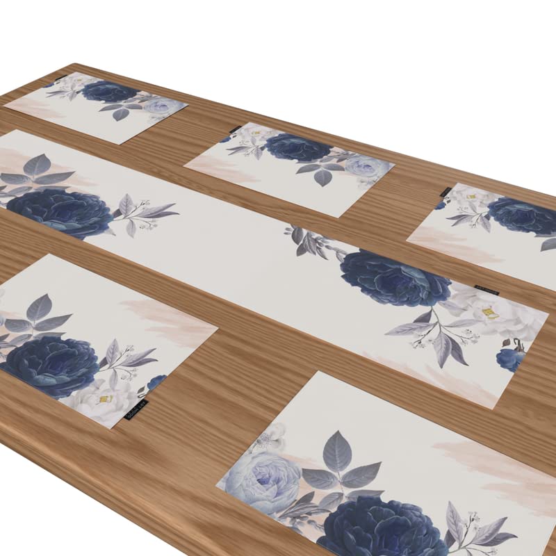 Bloom Canvas Placemats Set of 6 in Blue & White, each 45x30 cm, elegant floral table mats, durable and washable, perfect for protecting surfaces during everyday meals or special events