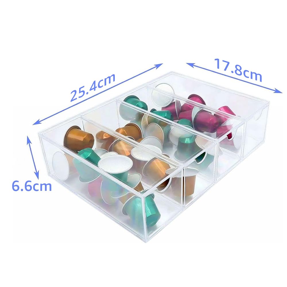 4-Compartment Acrylic Coffee Pod Holder and Desktop Organizer, Clear Storage Box for K-Cup Capsules and Coffee Bar Station Accessories, Multi-Use Desk and Kitchen Drawer Organizer