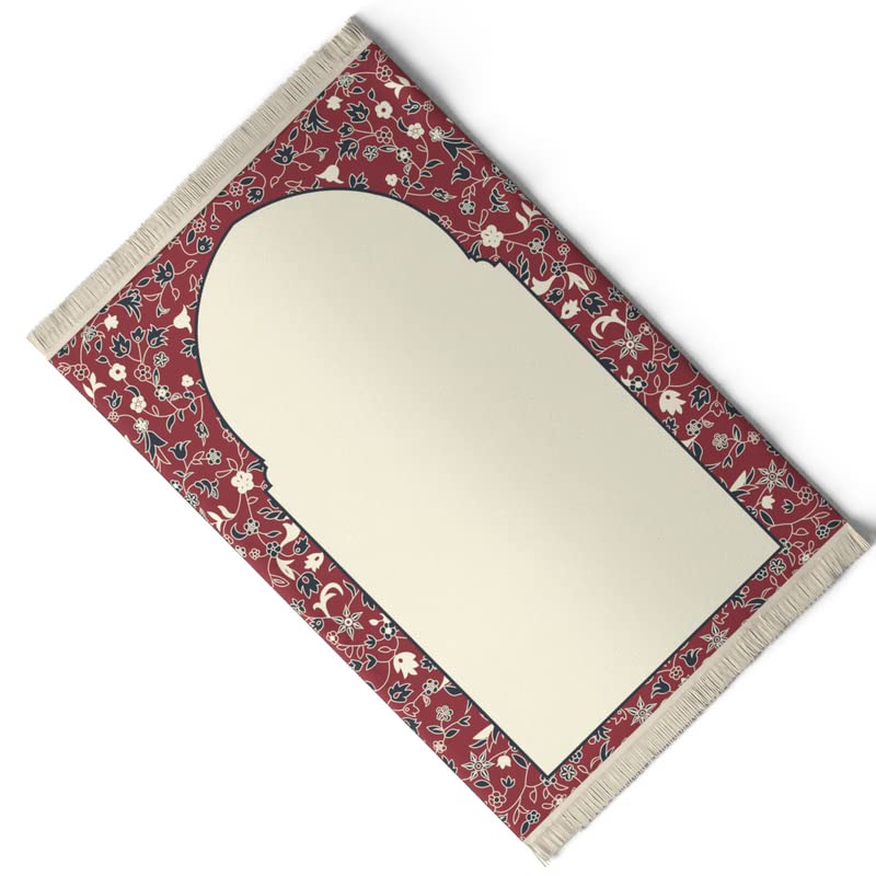 Velvet Prayer Mat in Beige and Red, 68x117 cm, a luxurious Islamic rug with elegant details and a mosque garden design, crafted from soft velvet for comfortable prayers