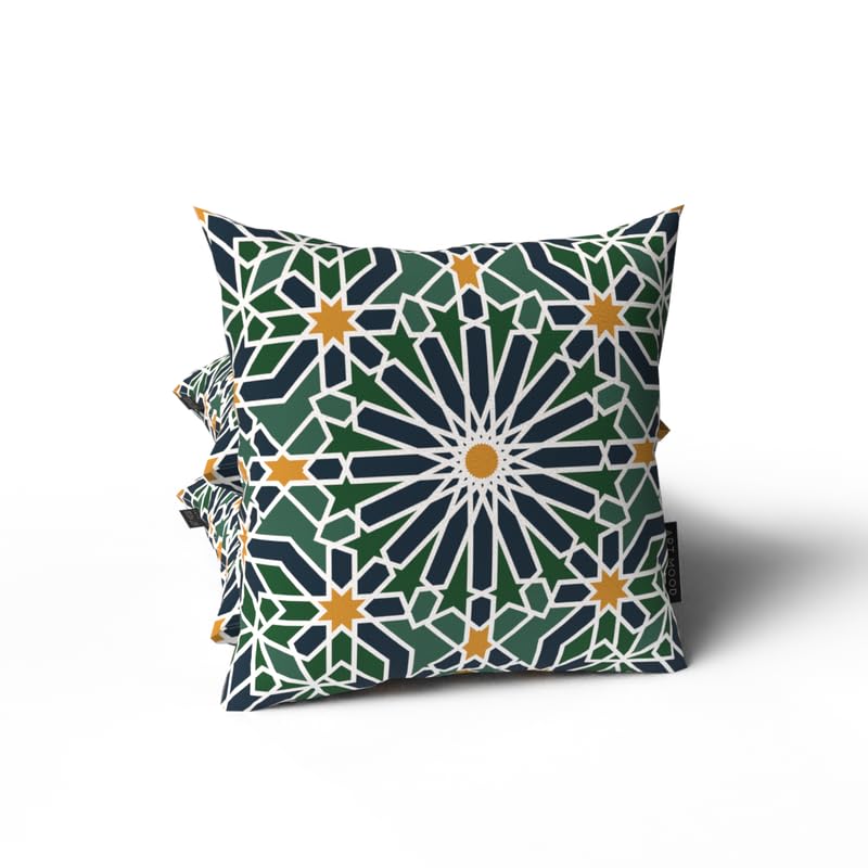 Adden Velvet Cushion Cover in Green & Blue, a rich 40x40 cm decorative throw pillow with a garden-inspired Islamic pattern, bringing a sense of paradise to your Ramadan home decor