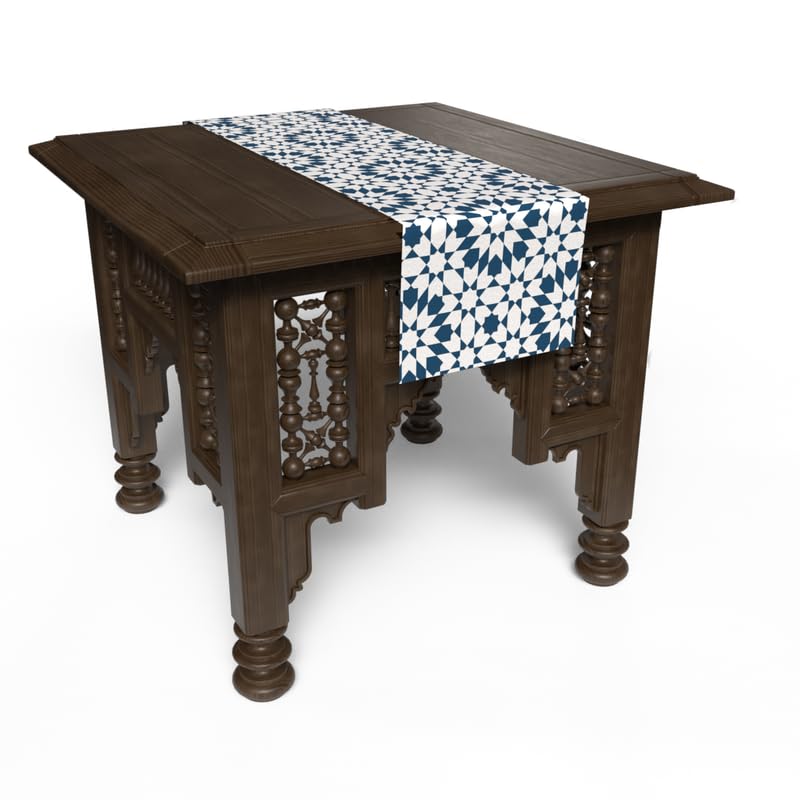 Ramadan's Unique Topaz Velvet Runner in White & Blue, a 35x140 cm Decorative Centerpiece with an Elegant Pattern, perfect for adding a Festive Touch to your Ramadan or Eid Dining Decor
