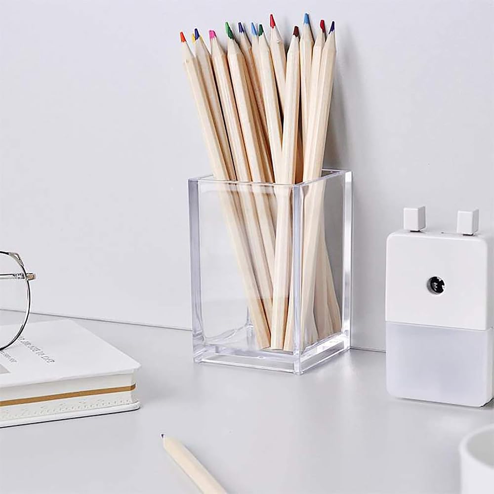 4-Pack Large and Thick Clear Acrylic Pen Holders, Modern Makeup Brush Holder Cups, Heavy-Duty Desktop Pencil and Stationery Organizer Set for School, Home, and Office Desk Accessories