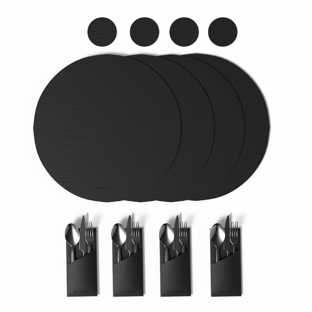 Leather Placemat Set with Coasters And Holders - Faux Leather Dining Table Protection - Heat And Scratch Resistant
