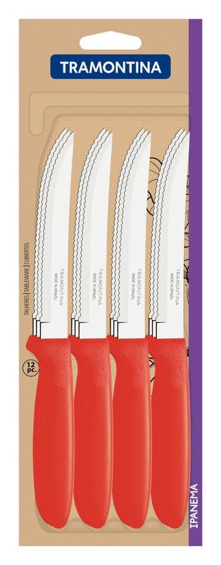 Ipanema Steak Knife Set, 12-Piece Stainless Steel Serrated Blades with Red Polypropylene Handles, Durable and Rust-Resistant, Ideal for Meat and BBQ