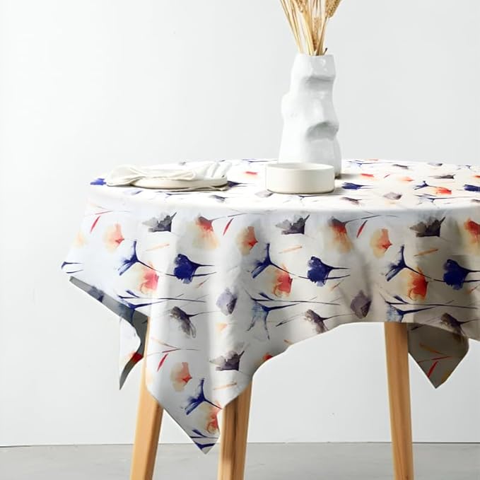 Tablecloth, Sou Floral Pattern, Square Design, Premium Linen Velvet Fabric, Ultra-Soft and Wrinkle-Resistant, 130×130 cm, 1 Piece, Off-White x Navy Blue x Blush, for Dining or Living Room