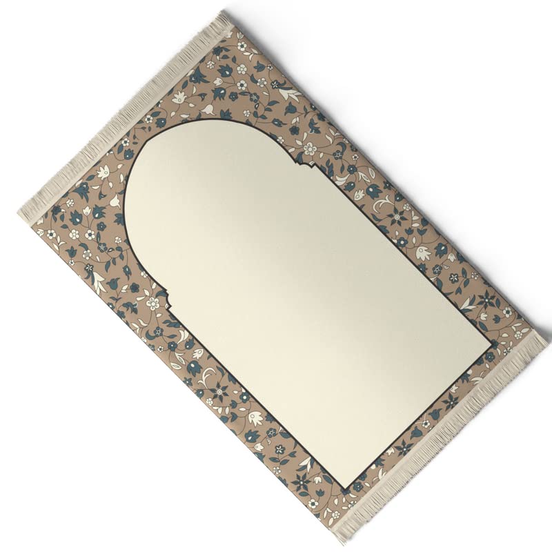 Velvet Prayer Mat in Beige and Green, 68x117 cm, a luxurious rug with an elegant mosque garden design, crafted from soft velvet for a comfortable and serene prayer session