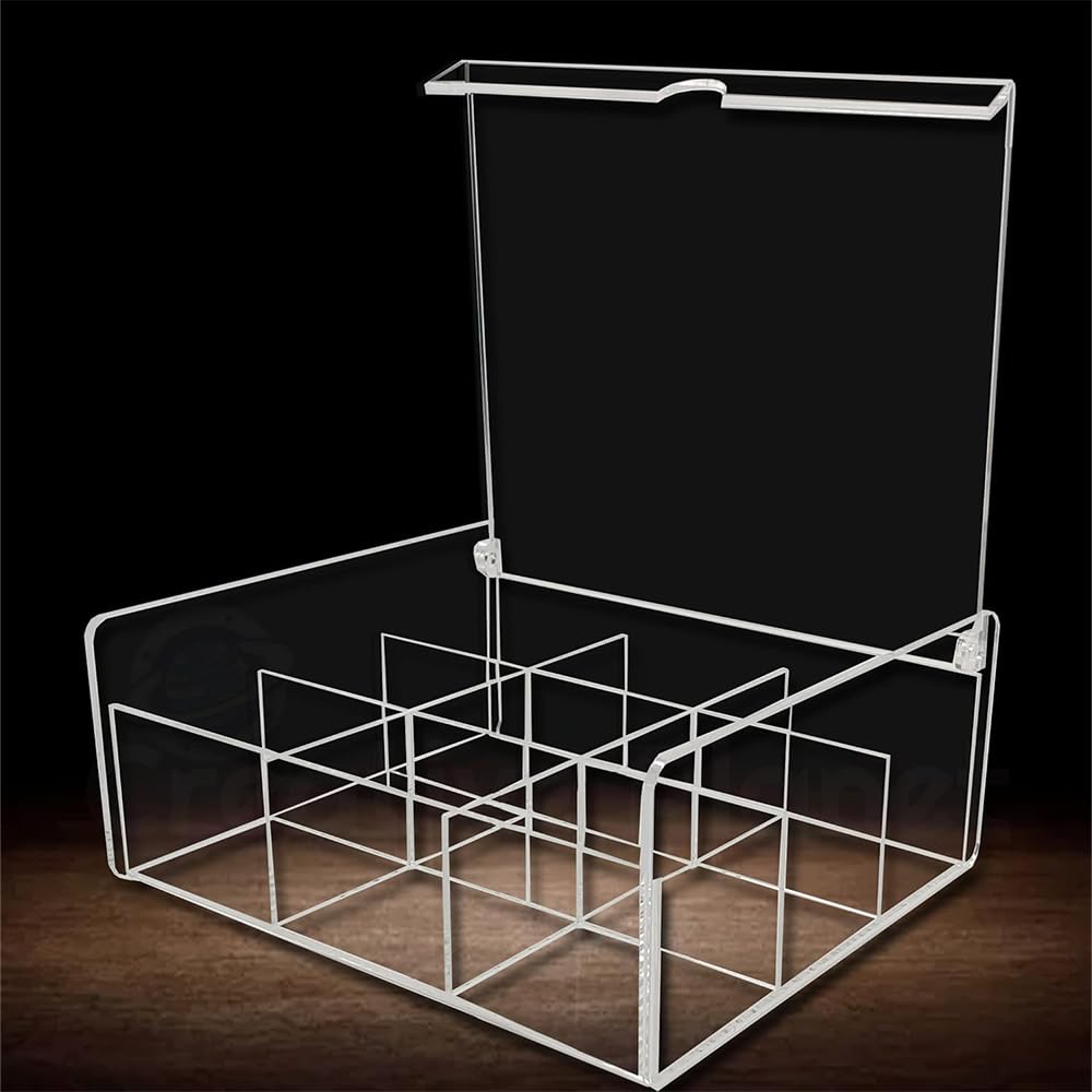 Acrylic Tea Bag Organizer Box, Clear Storage Case with Lid and 9 Compartments for Tea Bags, Packets, Condiments, or Crafts, Elegant Countertop Organizer for Kitchen or Office