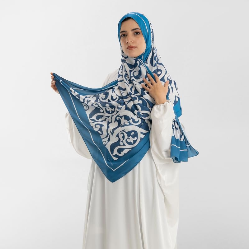 Isdal Al-Hedaya Women's Prayer Dress, a One-Piece Garment in Blue & White made from Soft Satin Fabric for Full Coverage, One Size Fits All, a Comfortable Abaya Khimar for Daily Salah