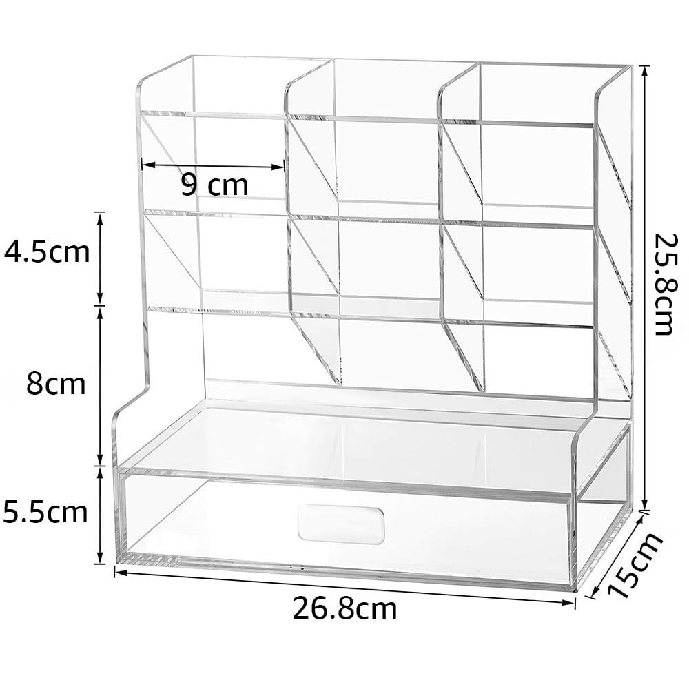 Clear Acrylic Desk Organizer for Pens and Accessories, Multi-Compartment Marker and Pencil Holder with Integrated Storage Drawer, Desktop Organization Caddy for Art and Office Supplies