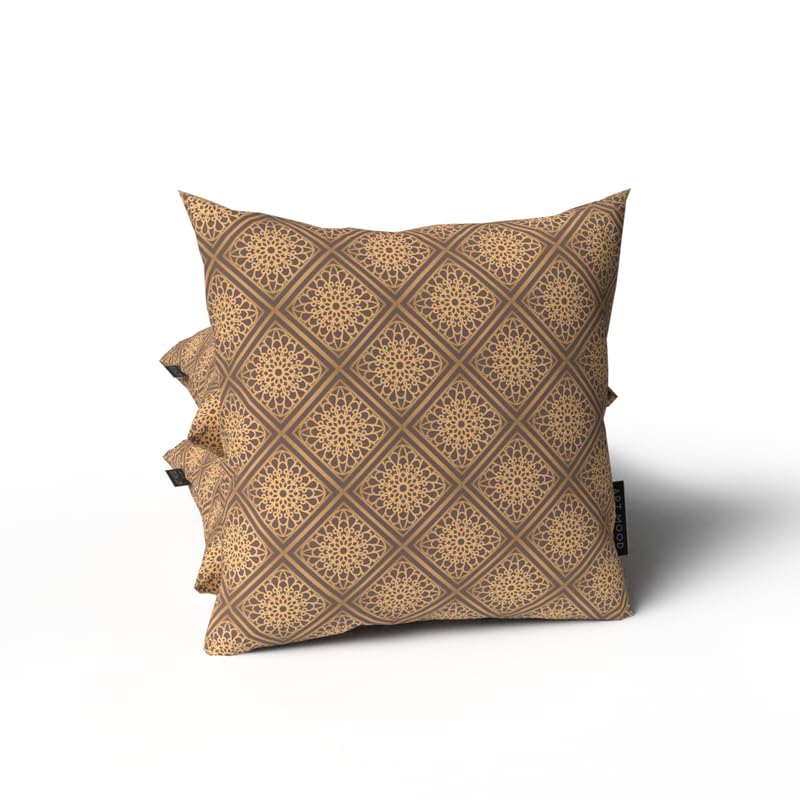 Era Velvet Cushion Cover in Brown & Gold, an opulent 40x40 cm decorative throw pillow with a luxurious Islamic pattern, ideal for creating a rich and festive atmosphere for Ramadan